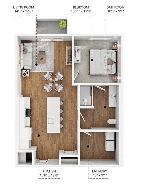 Floor plan for 1 bed, 1 bath, 720 sqft